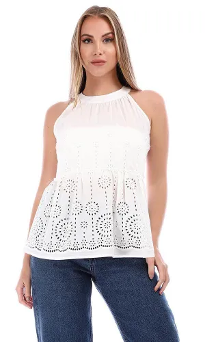 94849 Peplum Perforated White Sleeveless Blouse
