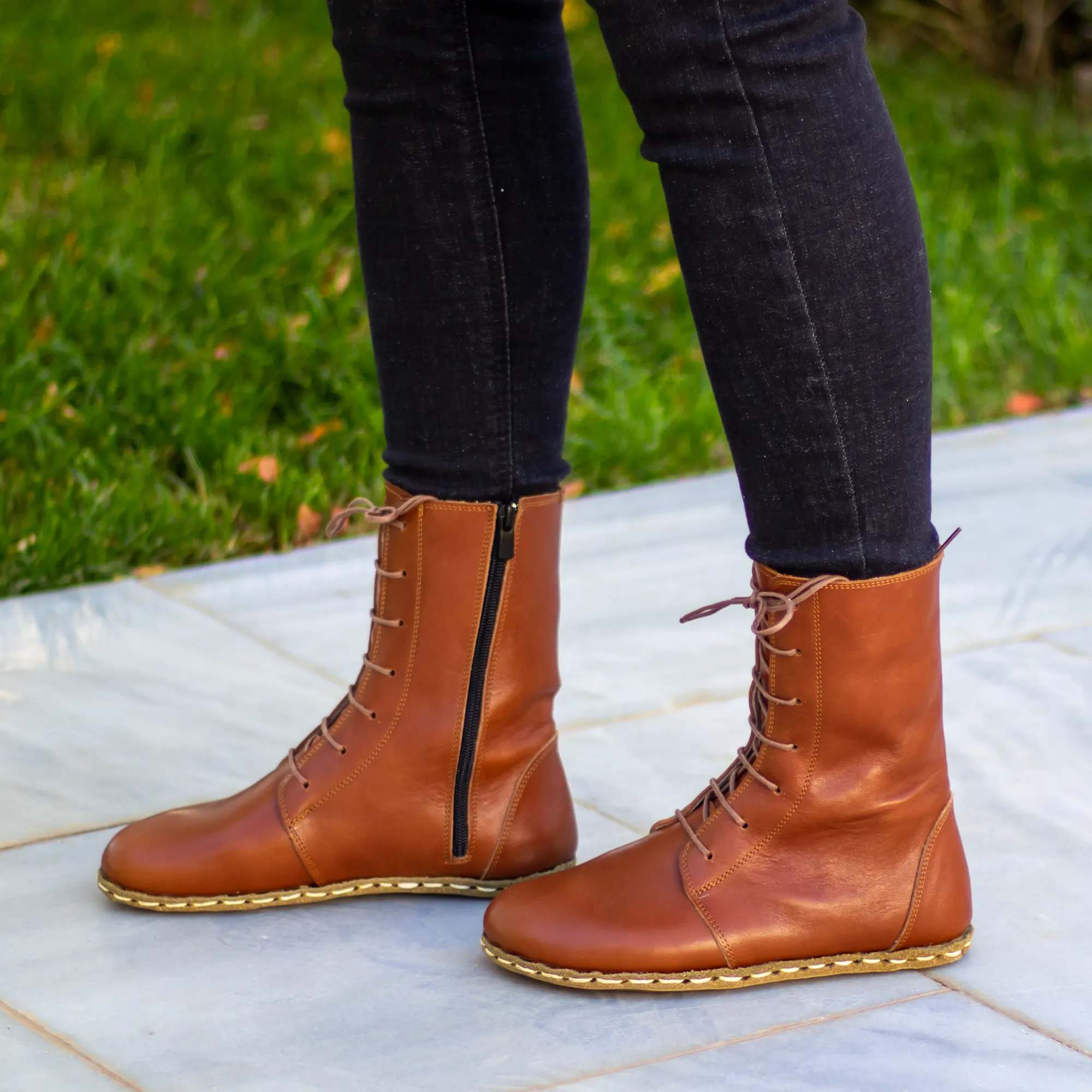Barefoot Leather Lace-up Tornado Brown Boots for Women