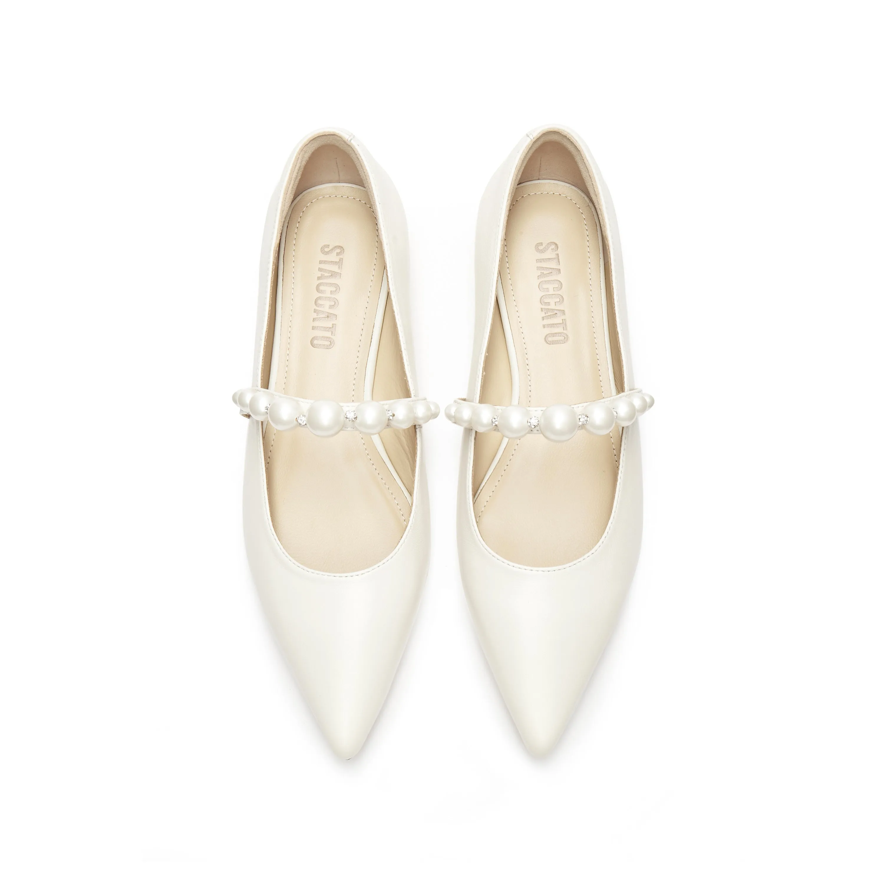 Beige Leather Pearl and Crystal-embellished Flats
