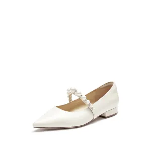 Beige Leather Pearl and Crystal-embellished Flats