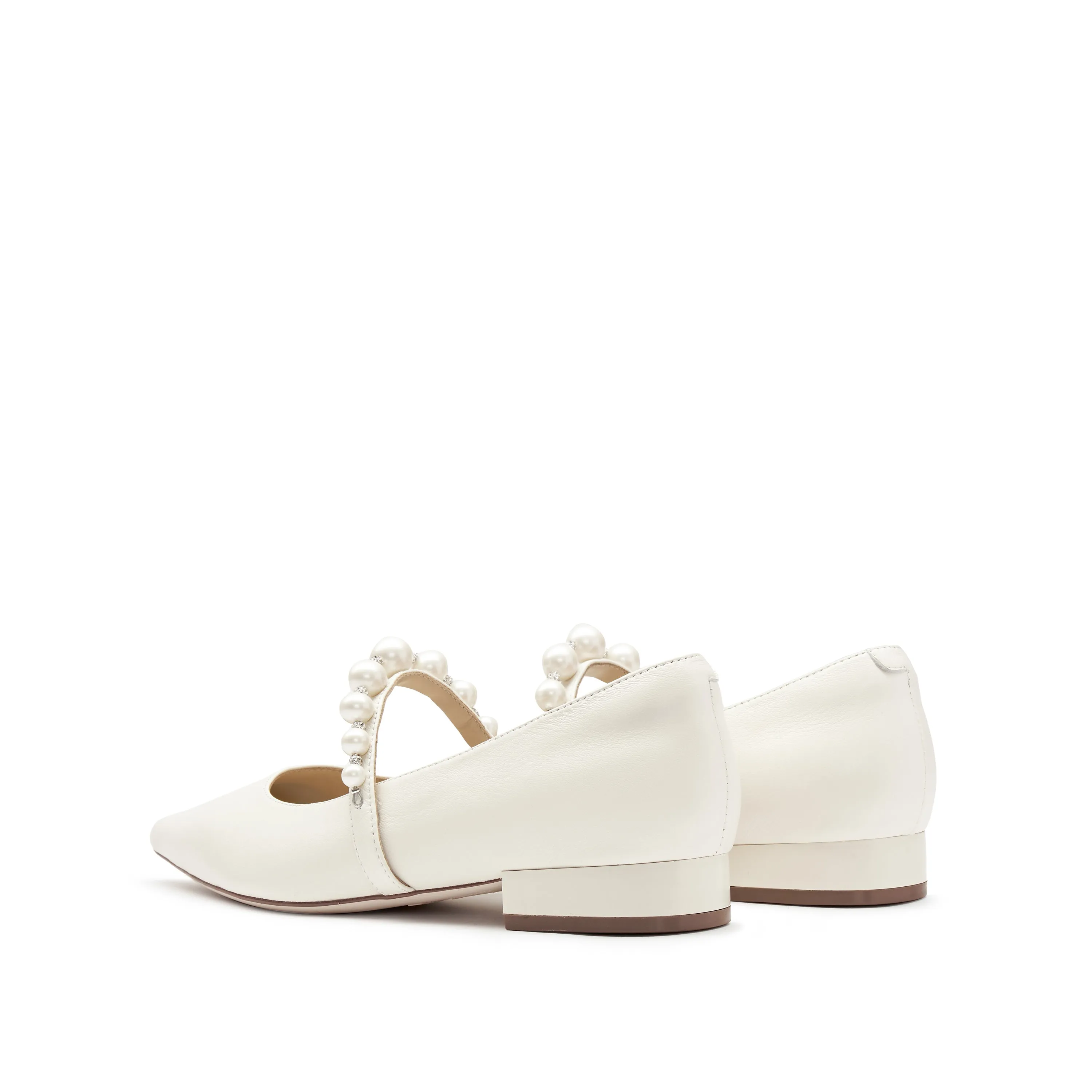 Beige Leather Pearl and Crystal-embellished Flats