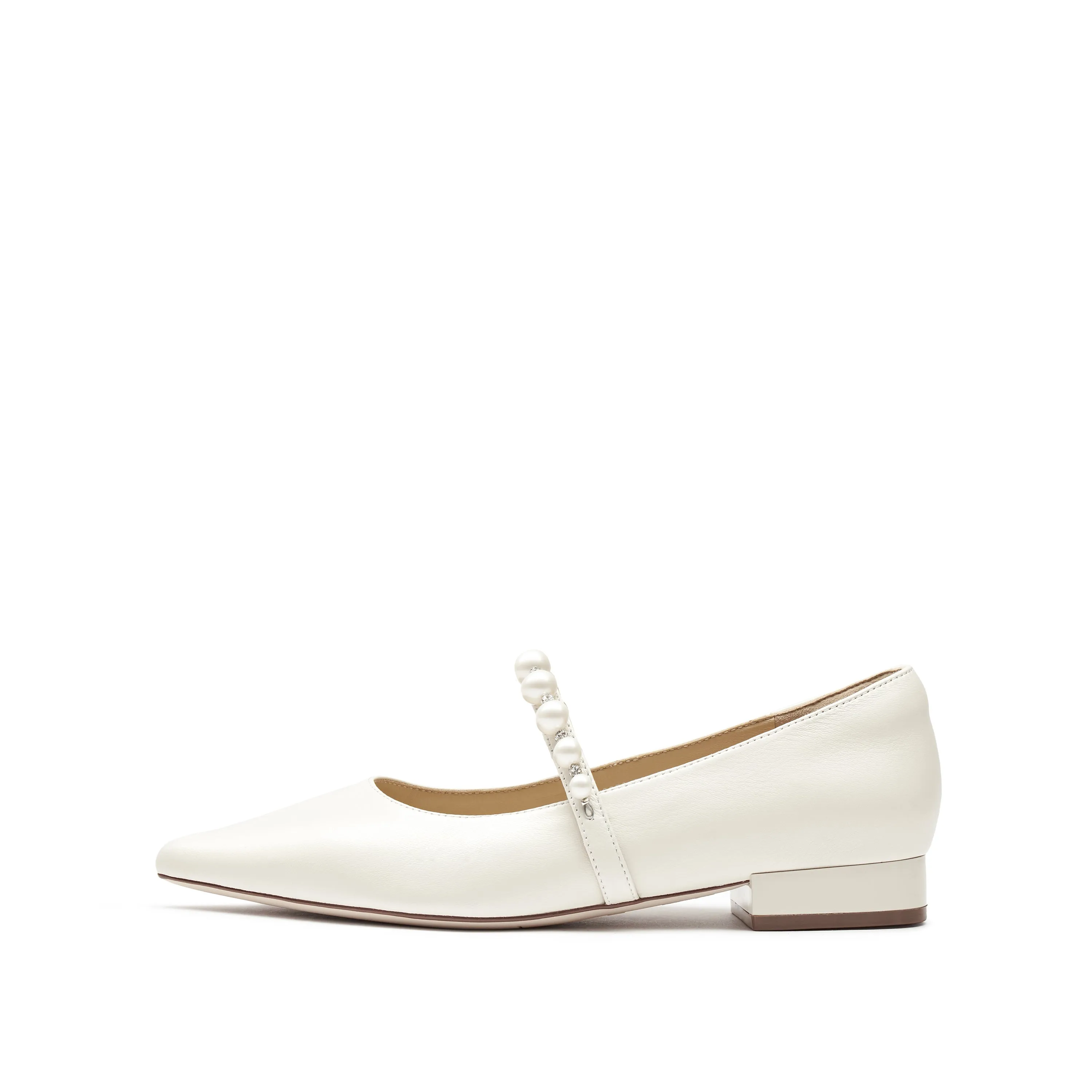 Beige Leather Pearl and Crystal-embellished Flats