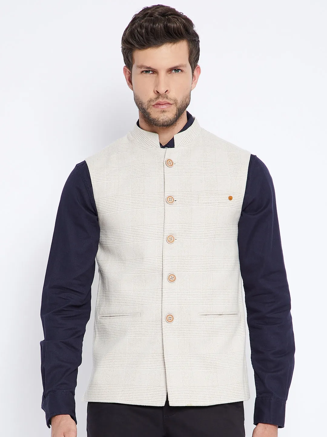 Beige Self Design Waistcoat