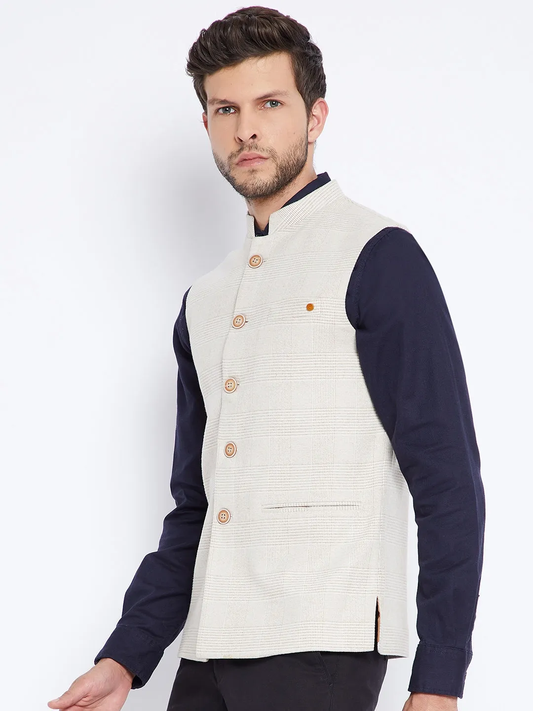 Beige Self Design Waistcoat