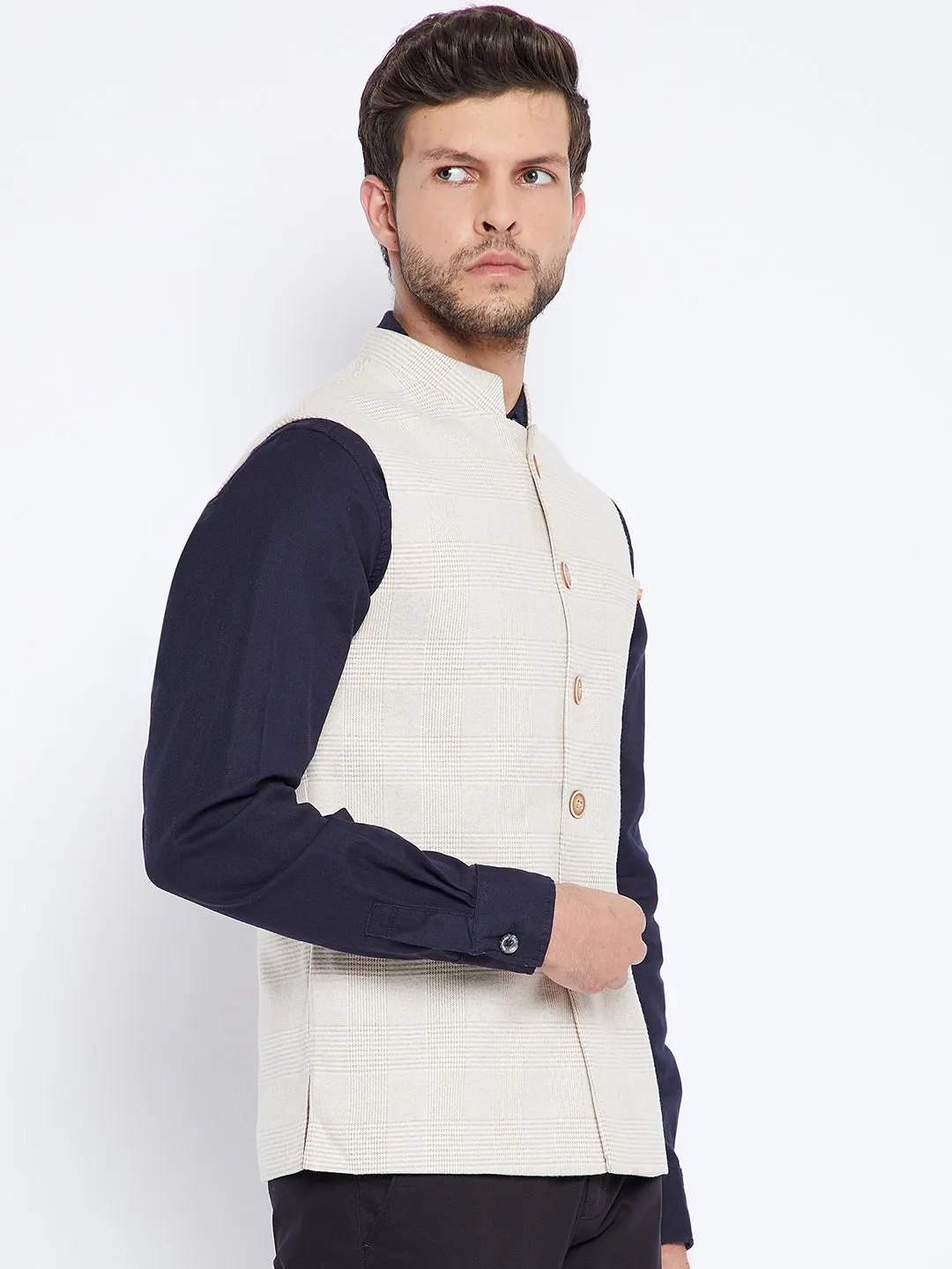 Beige Self Design Waistcoat