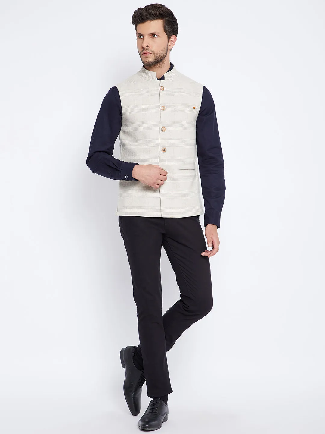 Beige Self Design Waistcoat