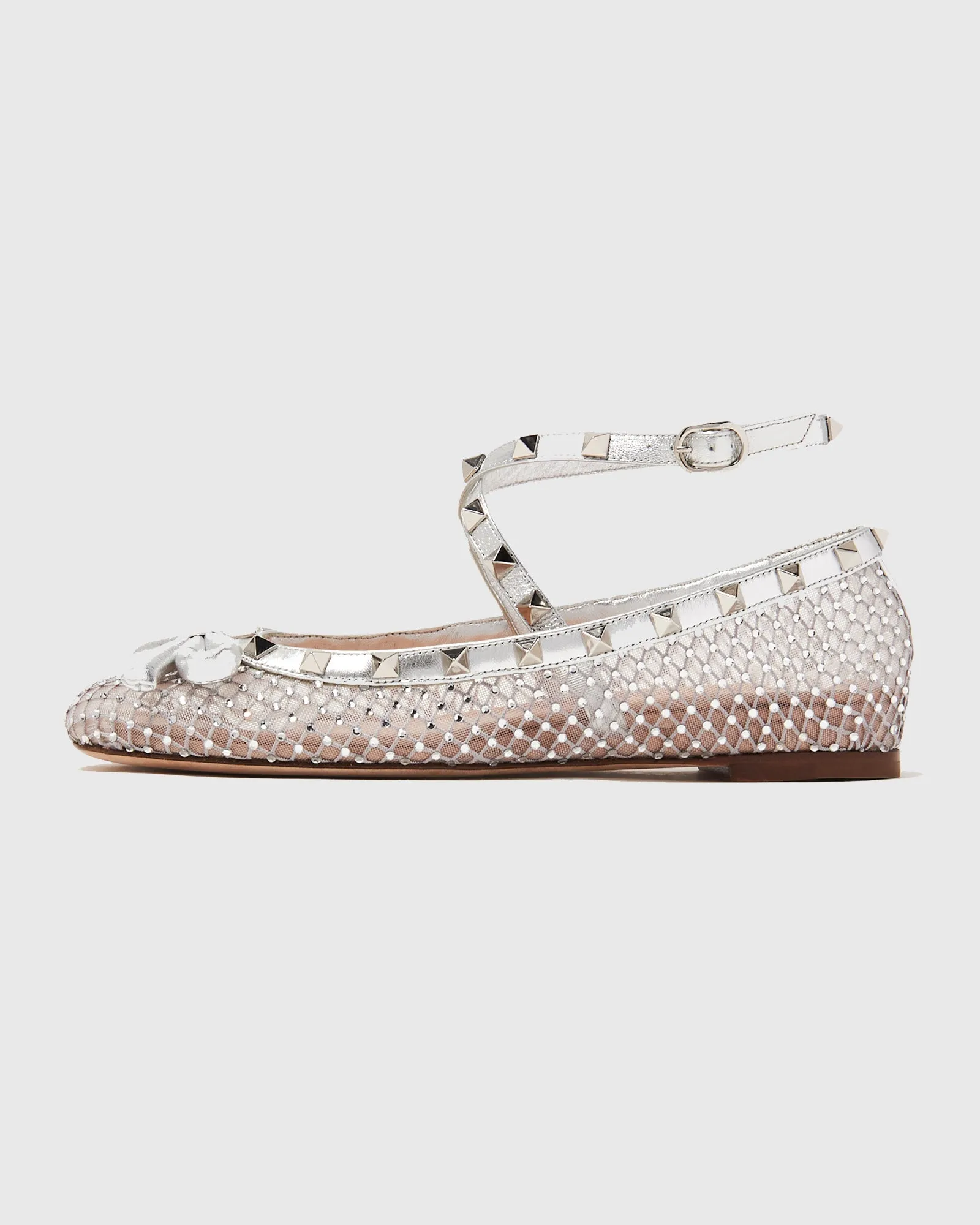 Edda Bow Embellished Mesh Ballet Flats In White