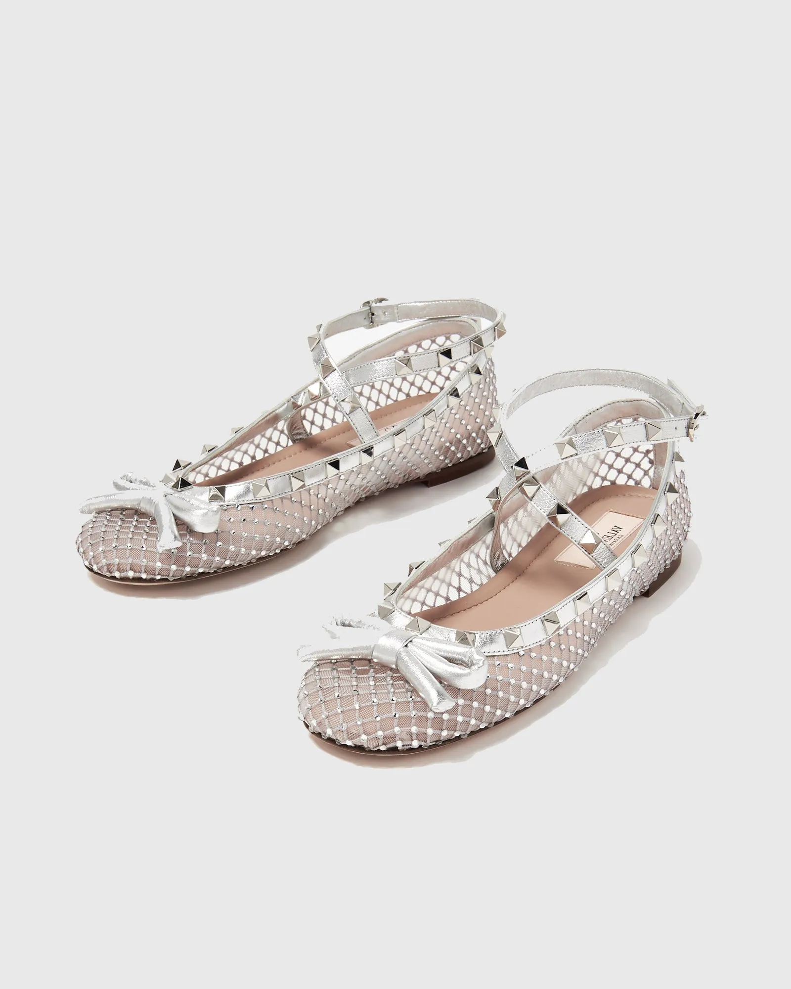 Edda Bow Embellished Mesh Ballet Flats In White