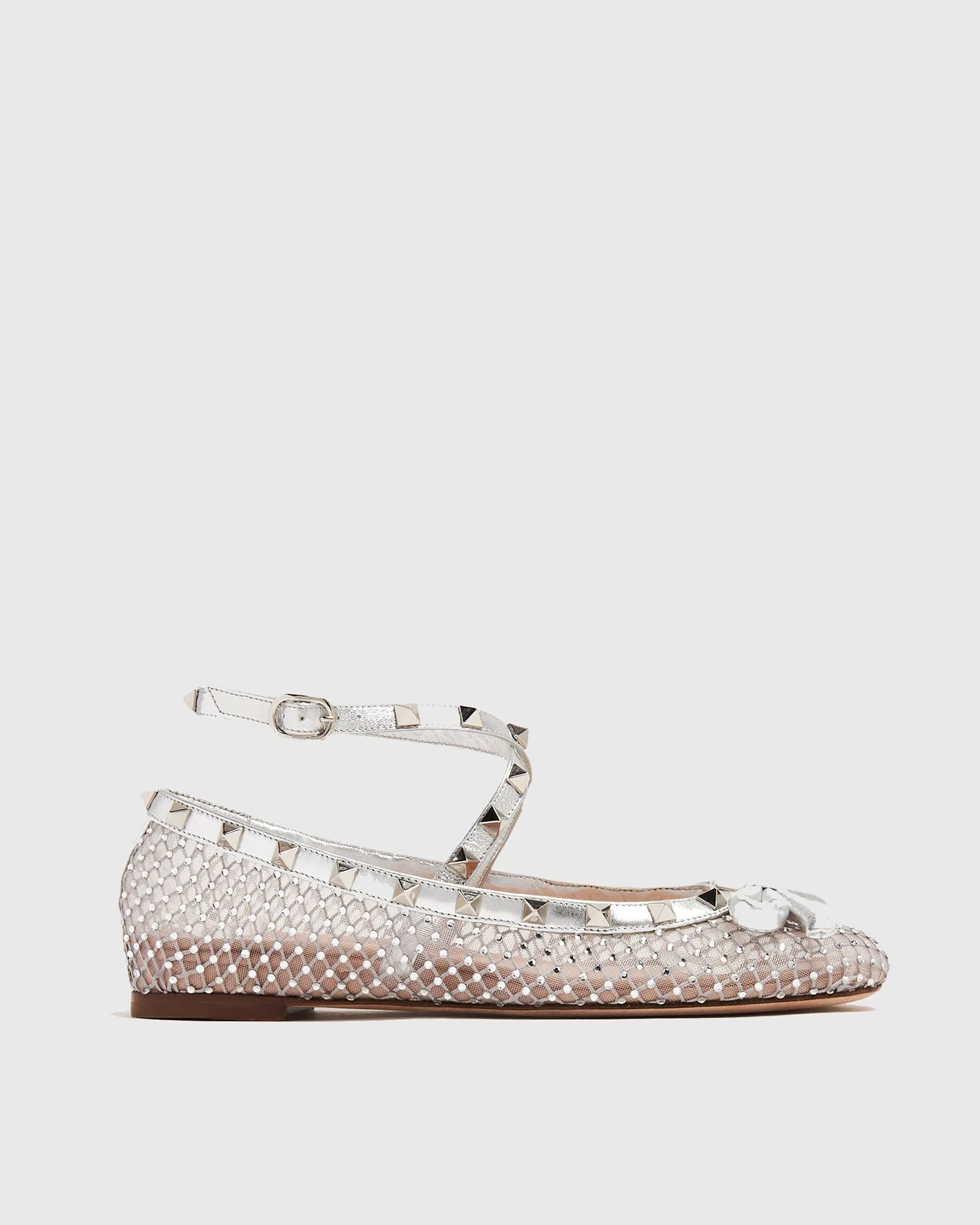 Edda Bow Embellished Mesh Ballet Flats In White