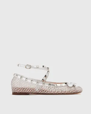 Edda Bow Embellished Mesh Ballet Flats In White