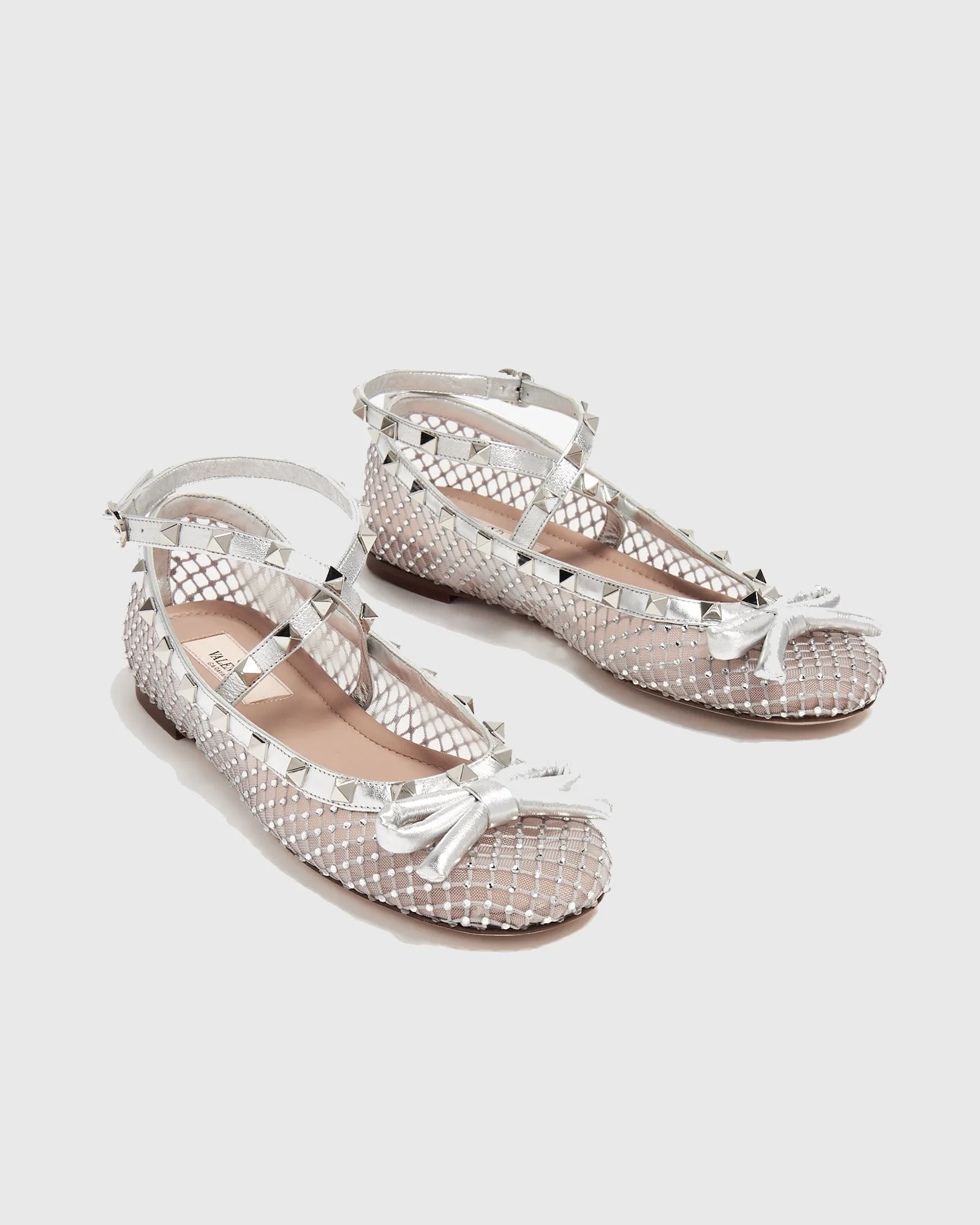 Edda Bow Embellished Mesh Ballet Flats In White