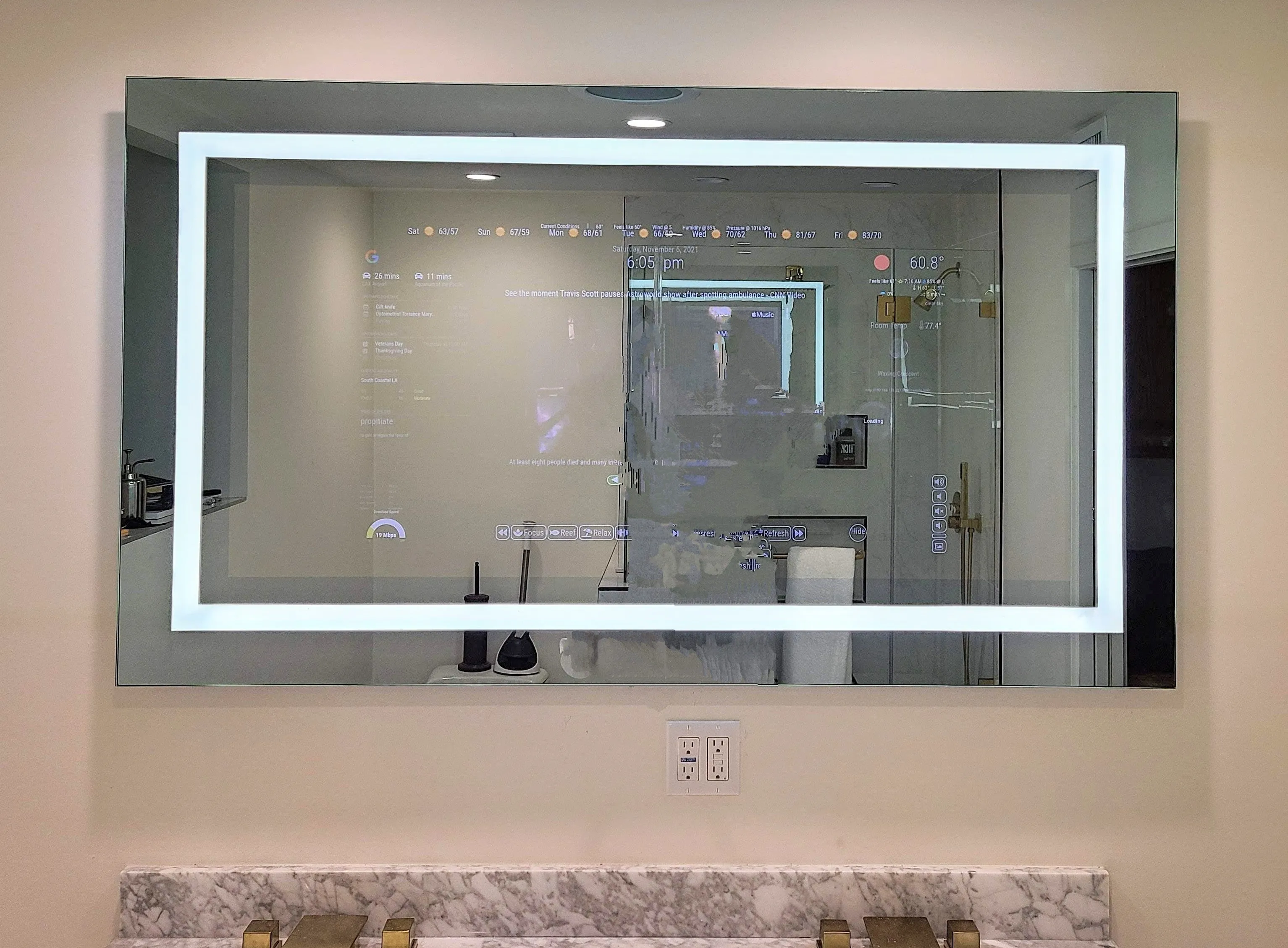 Frameless Android DAKboard Touchscreen Smart Vanity Mirror - 32" Samsung QLED - 36" X 24" X 2"
