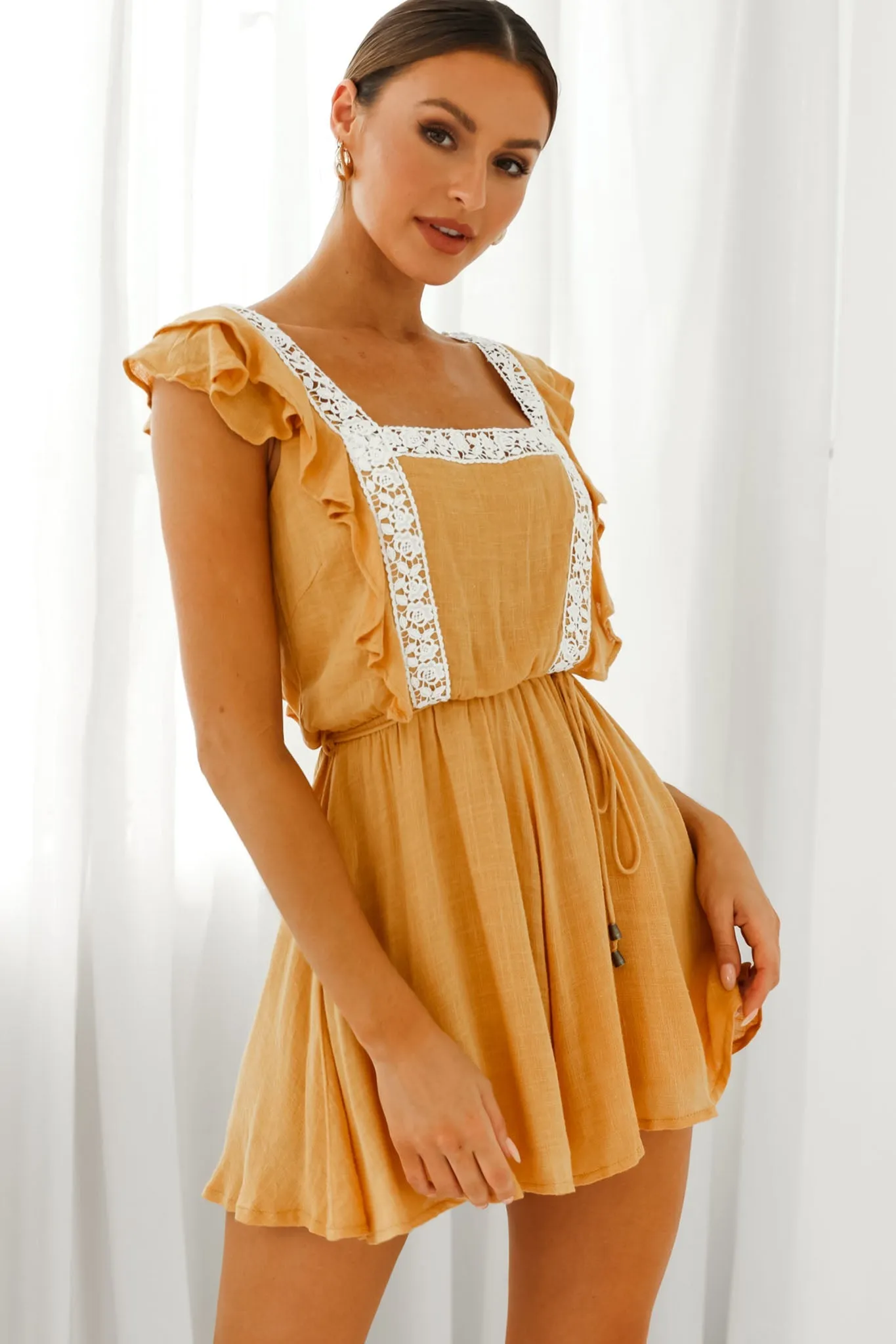 Meet Again Crochet Lace Trim Tie-Up Back Romper Mustard