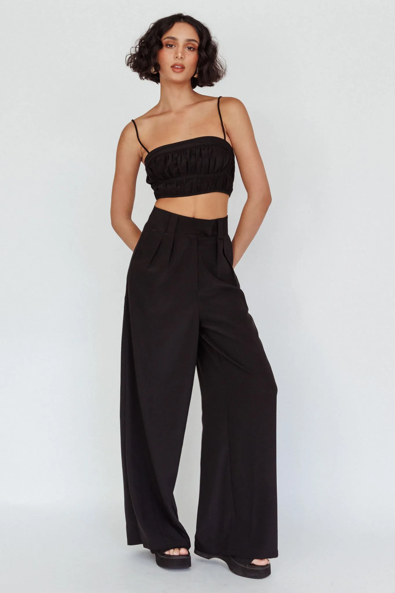 Regal Ruched Cami Crop Top Black