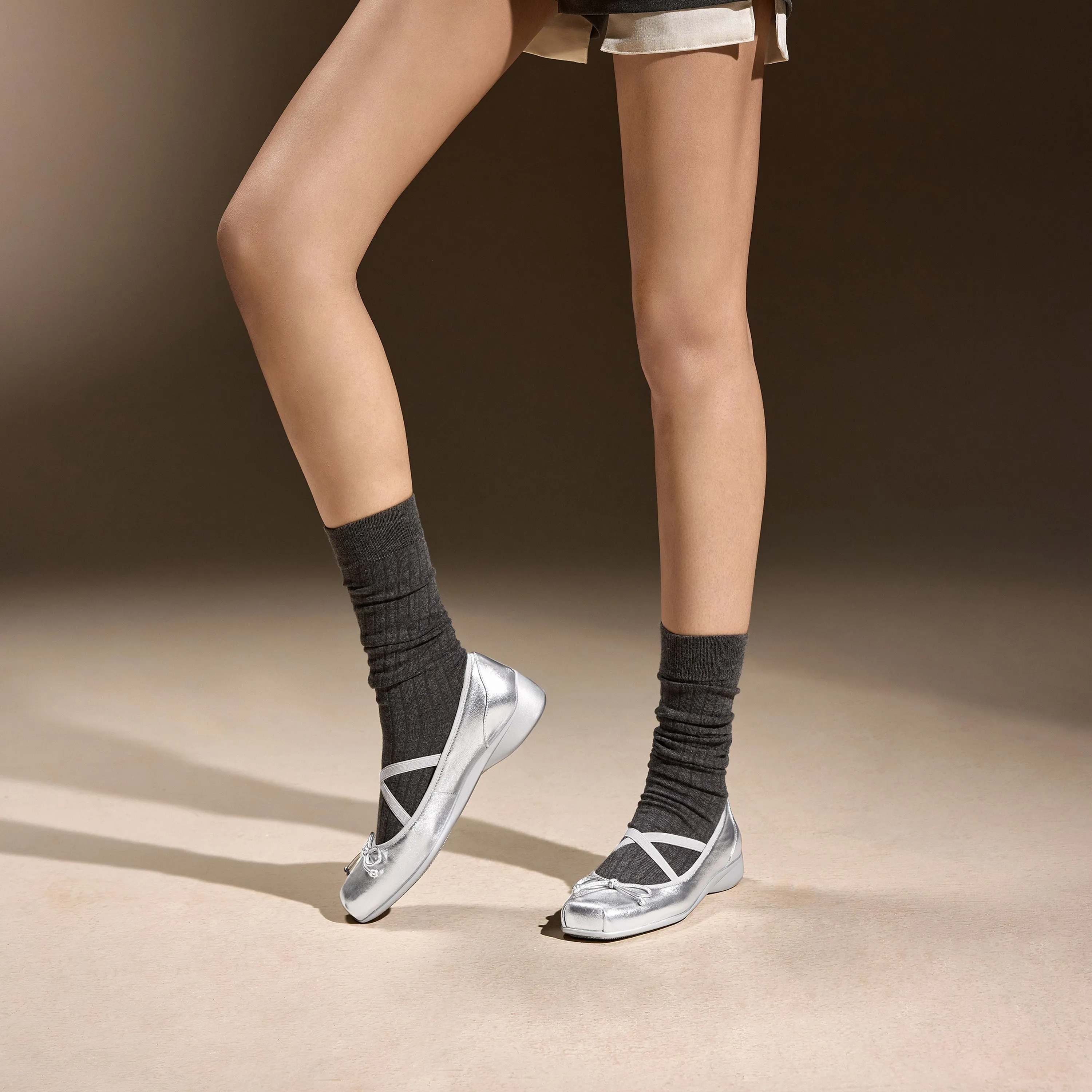 Silver Bow Cross Strap Ballerina Flats