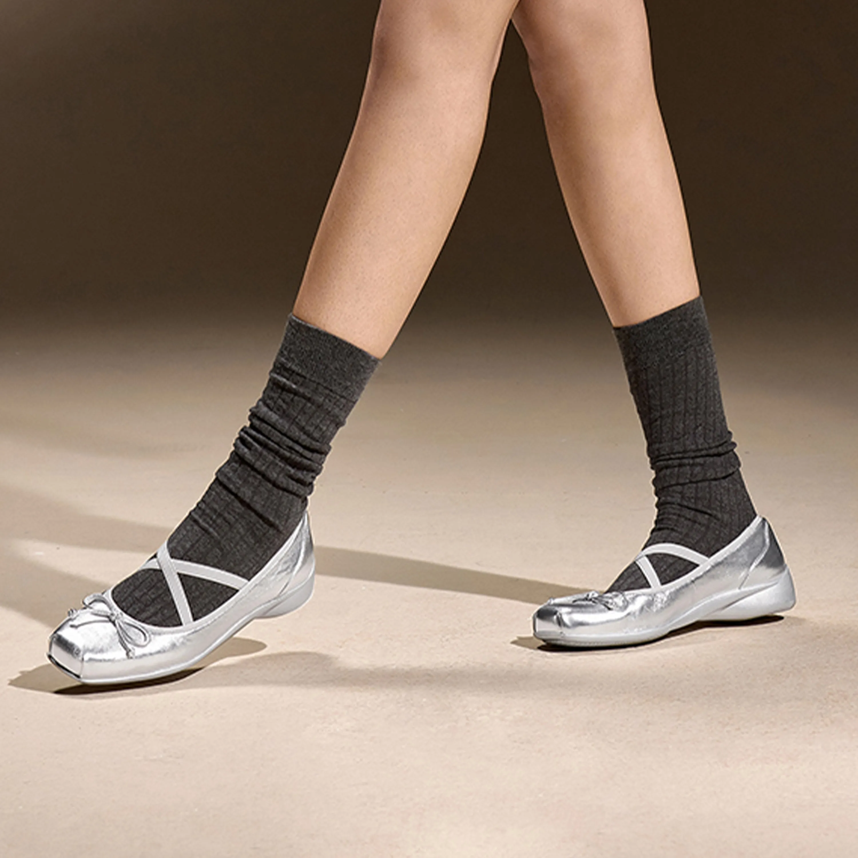 Silver Bow Cross Strap Ballerina Flats