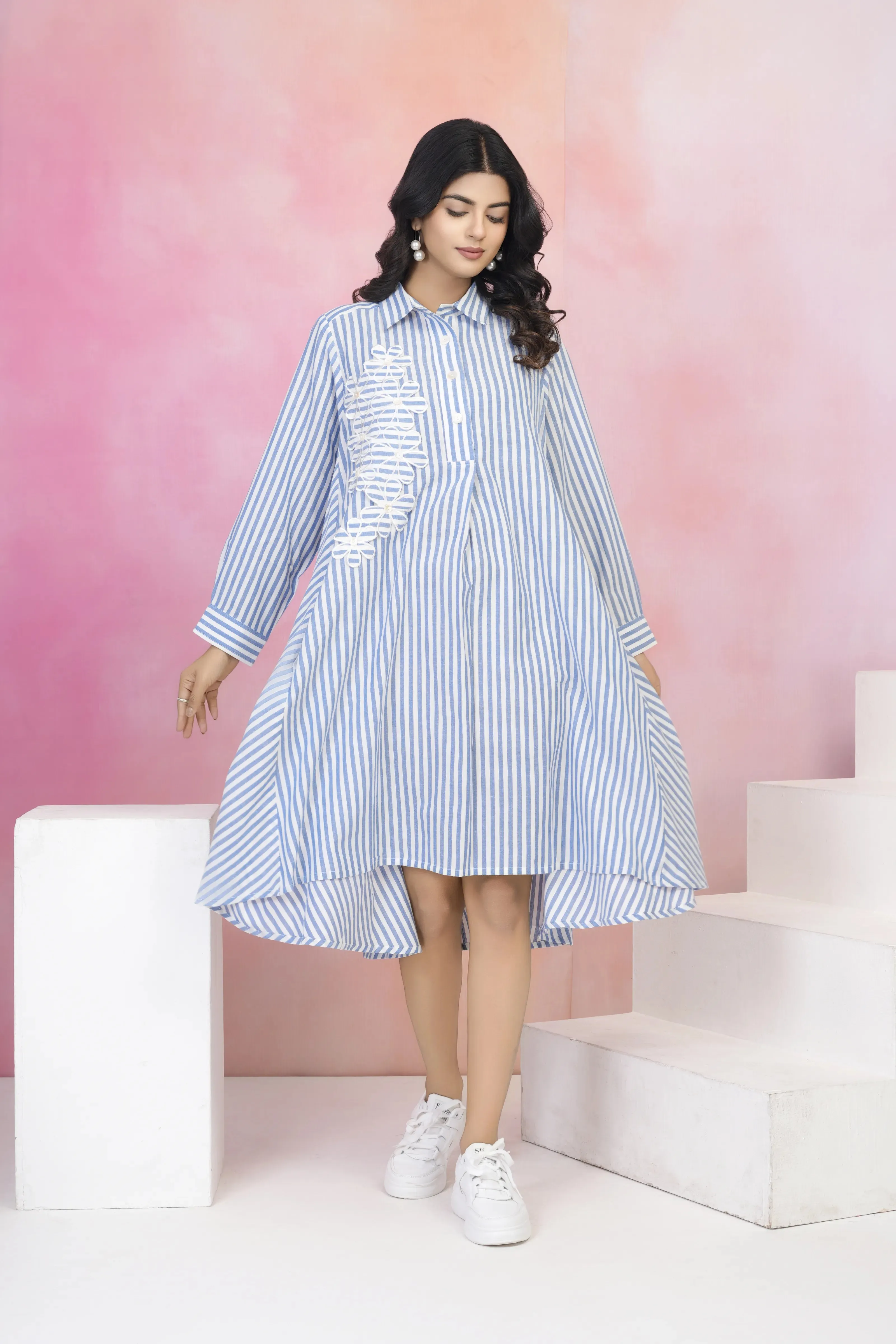 White & Blue Stripe Embroidered Cotton Shirt Dress