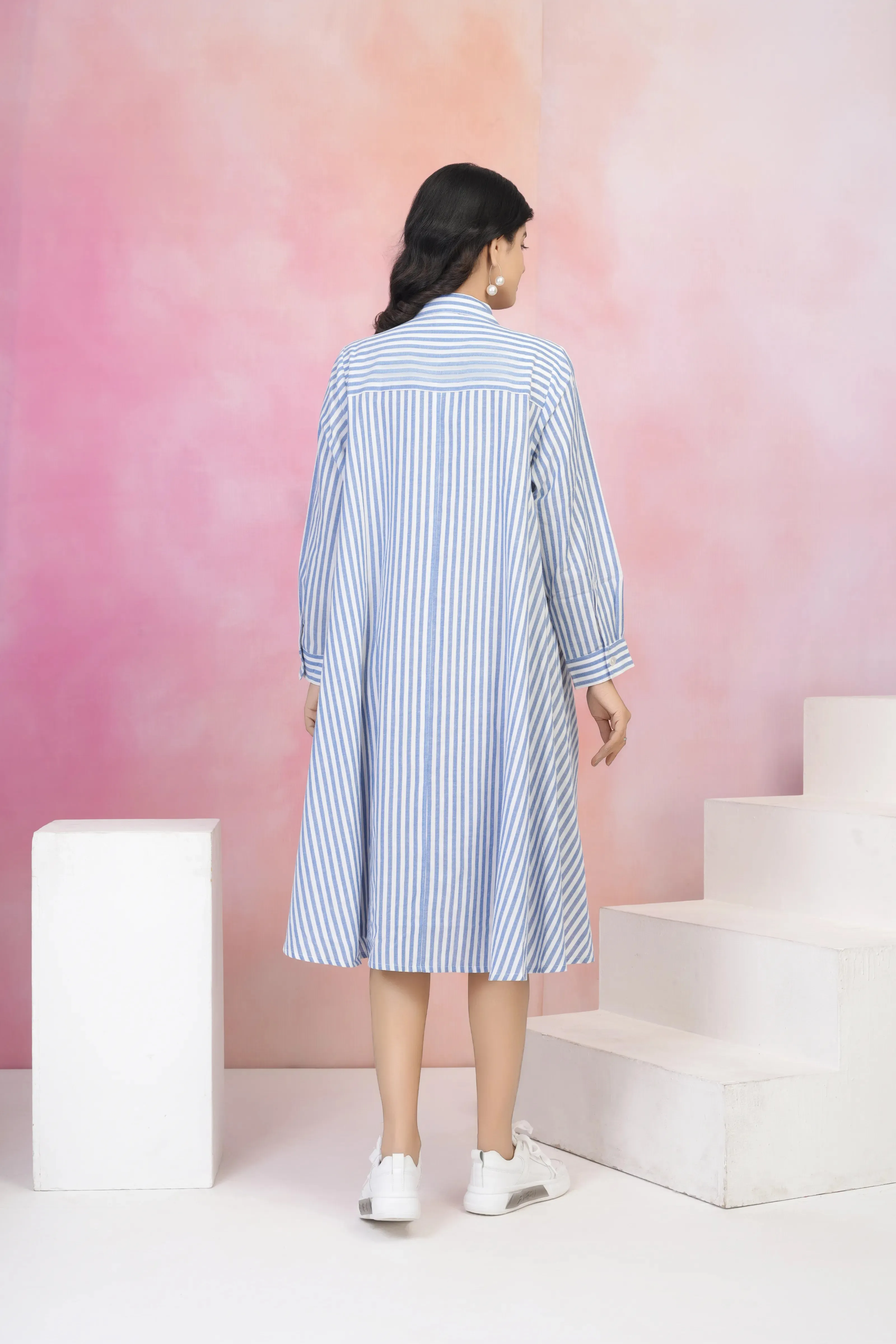 White & Blue Stripe Embroidered Cotton Shirt Dress