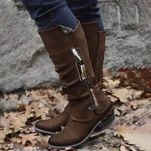 Women'S Solid Side Zip Vintage Chunky Heel Rider Boots