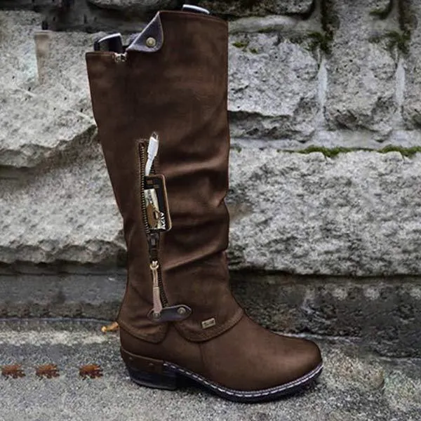 Women'S Solid Side Zip Vintage Chunky Heel Rider Boots