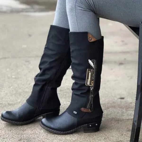 Women'S Solid Side Zip Vintage Chunky Heel Rider Boots
