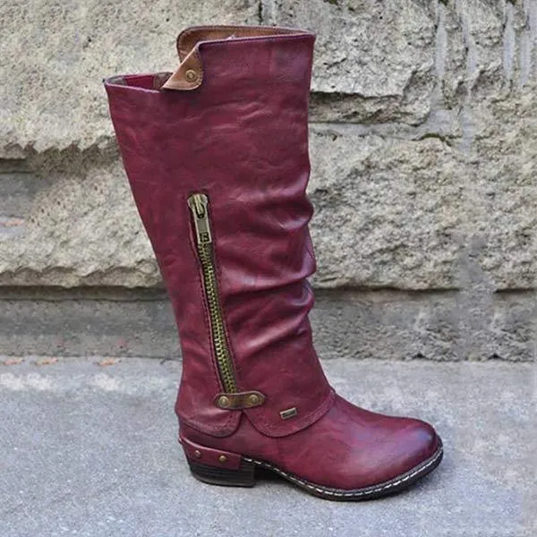 Women'S Solid Side Zip Vintage Chunky Heel Rider Boots
