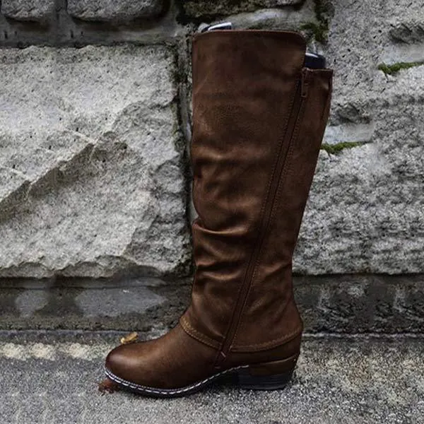 Women'S Solid Side Zip Vintage Chunky Heel Rider Boots